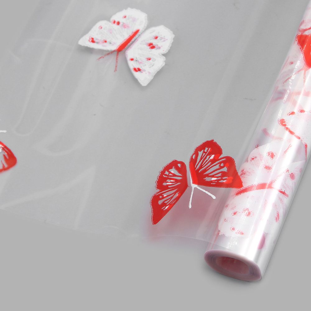 Пленка прозрачная двухцветная с рисунком Бабочки бело-красная 70 см / 9.14±5% метра