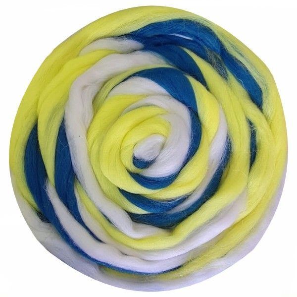 Шерсть для валяния Троицкая Гребенная лента (100%полутонкая шерсть) 100г цв.1517 мультиколор (жёлтый, белый, т.синий)