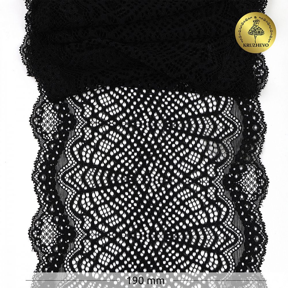 Кружево бельевое эластичное 190 мм / 3 м, 6389, цв.02 черный, Kruzhevo
