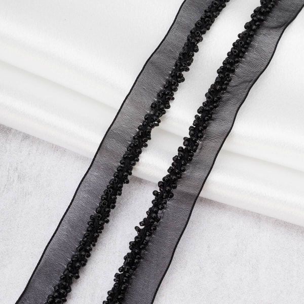 Кант отделочный на сетке с бисером 15 мм / 41.14 метра, черный, 3Al294