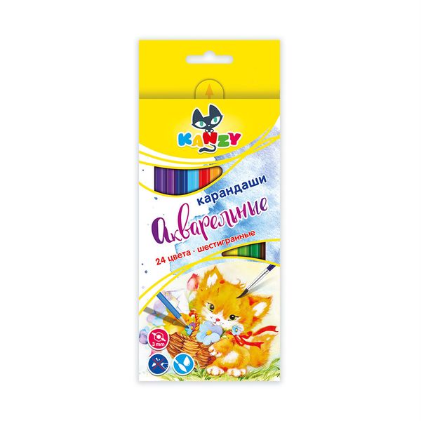 Карандаш акварельный в наборе заточенный 4х24 цв, Kanzy WCP-2024
