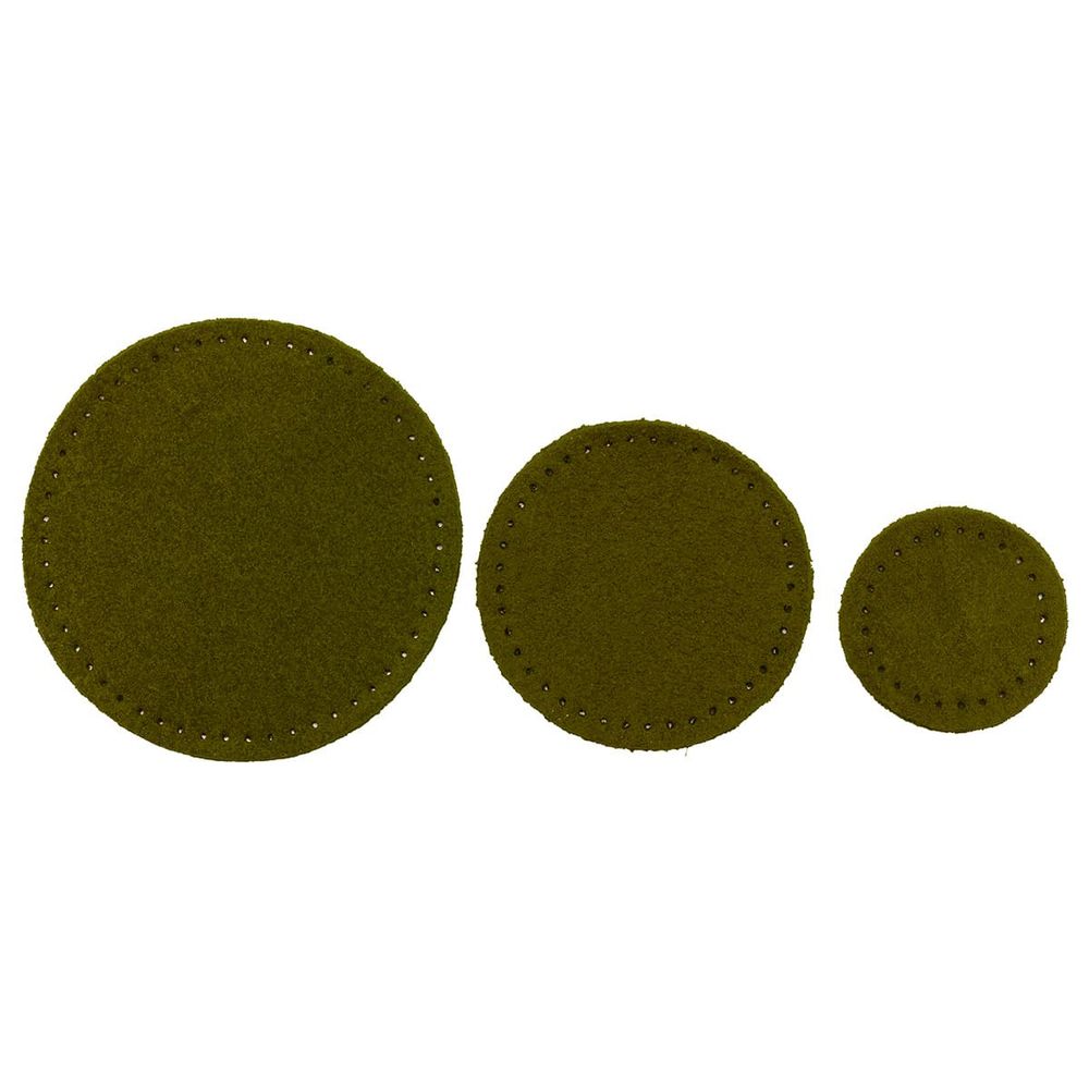 Набор заплаток пришивных из замши, круг ⌀4см, 6см и 8см, с перфорацией, 3 шт, 100% кожа (33 хаки), 59401