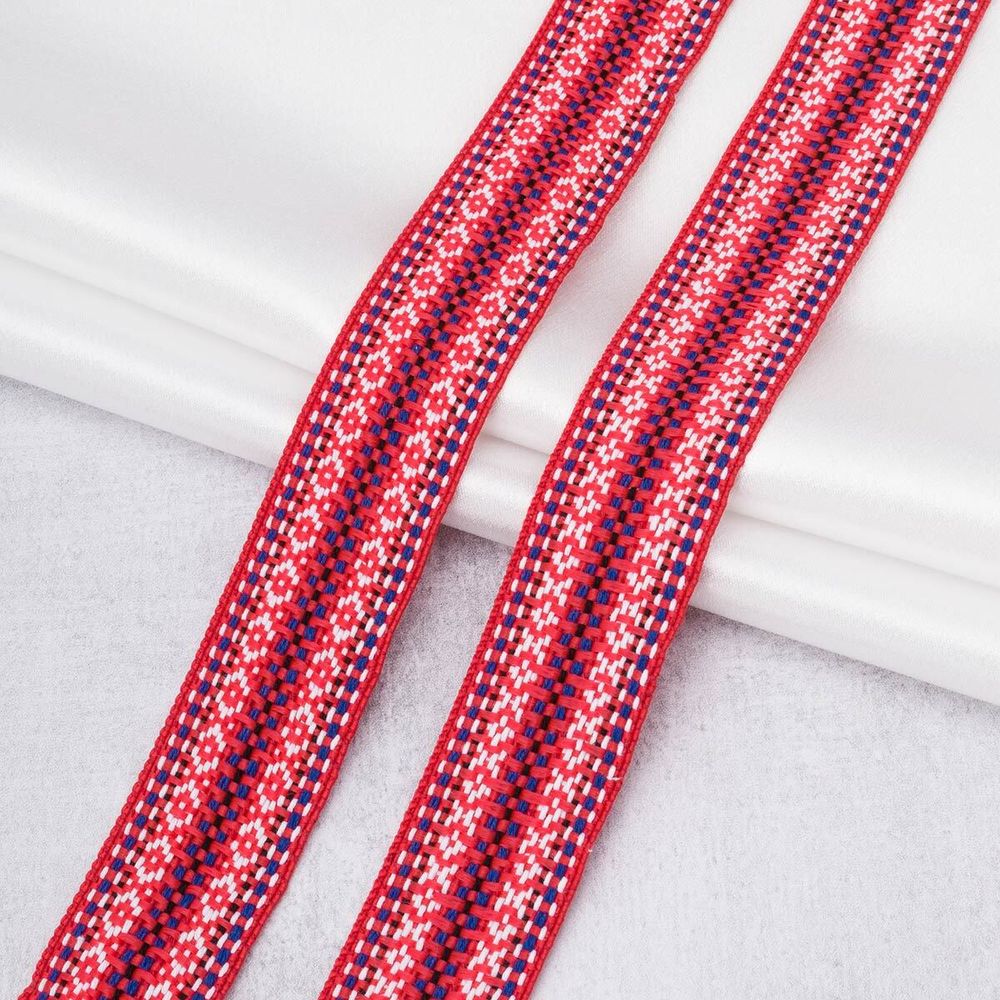 Лента (тесьма) жаккардовая 30.0 мм / 25 метров, х/б, рис.9871, красный/белый/синий/черный, С3881Г17