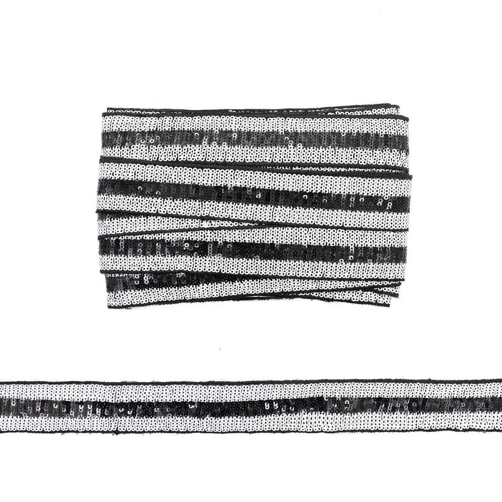 Тесьма с пайетками на сетке 4см / 13,72м (белый/черный), 3AR843