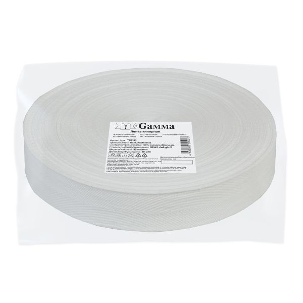 Тесьма (лента) киперная (100 х/б) 35 мм / 50 метров, белый/white, Gamma TCT-35