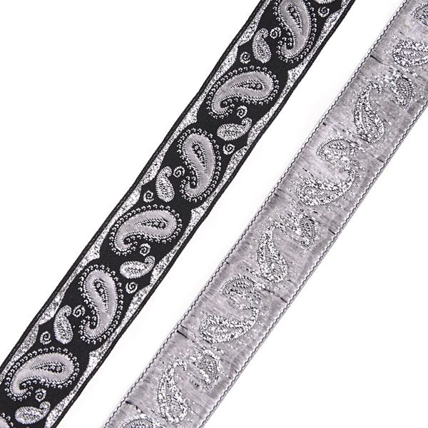 Лента (тесьма) жаккардовая 22.0 мм / 10±0.5 метров, Пейсли, 22807 черный/серебро