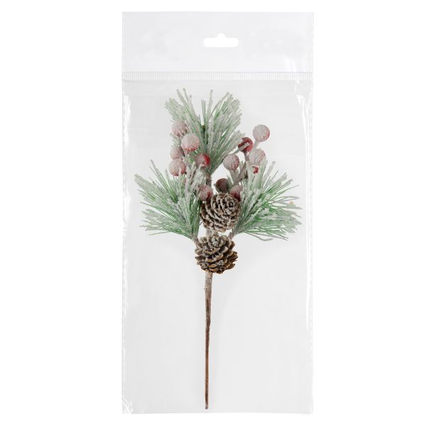 Веточка заснеженная с ягодами и шишками 3 шт, 26 см, 01, Blumentag VDF-124