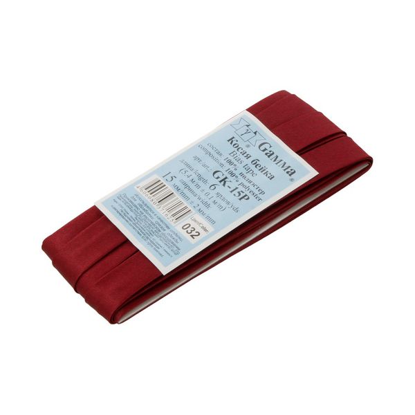 Косая бейка атласная 15 мм / 5 шт по 5.4 метра, №032 бордовый, Gamma GK-15P