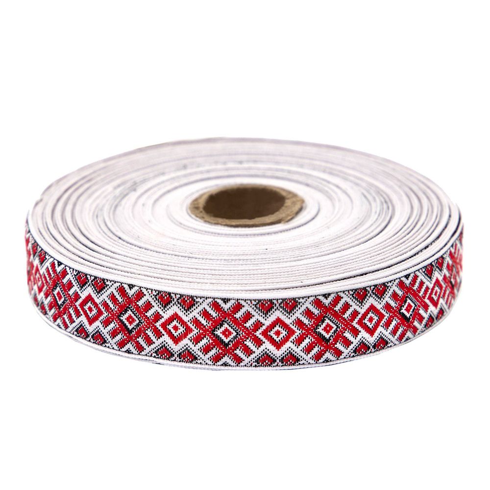 Лента (тесьма) жаккардовая 24.0 мм / 25±1 метров, рис. 9474, С1852Г17 (С3772Г17) белый/красный