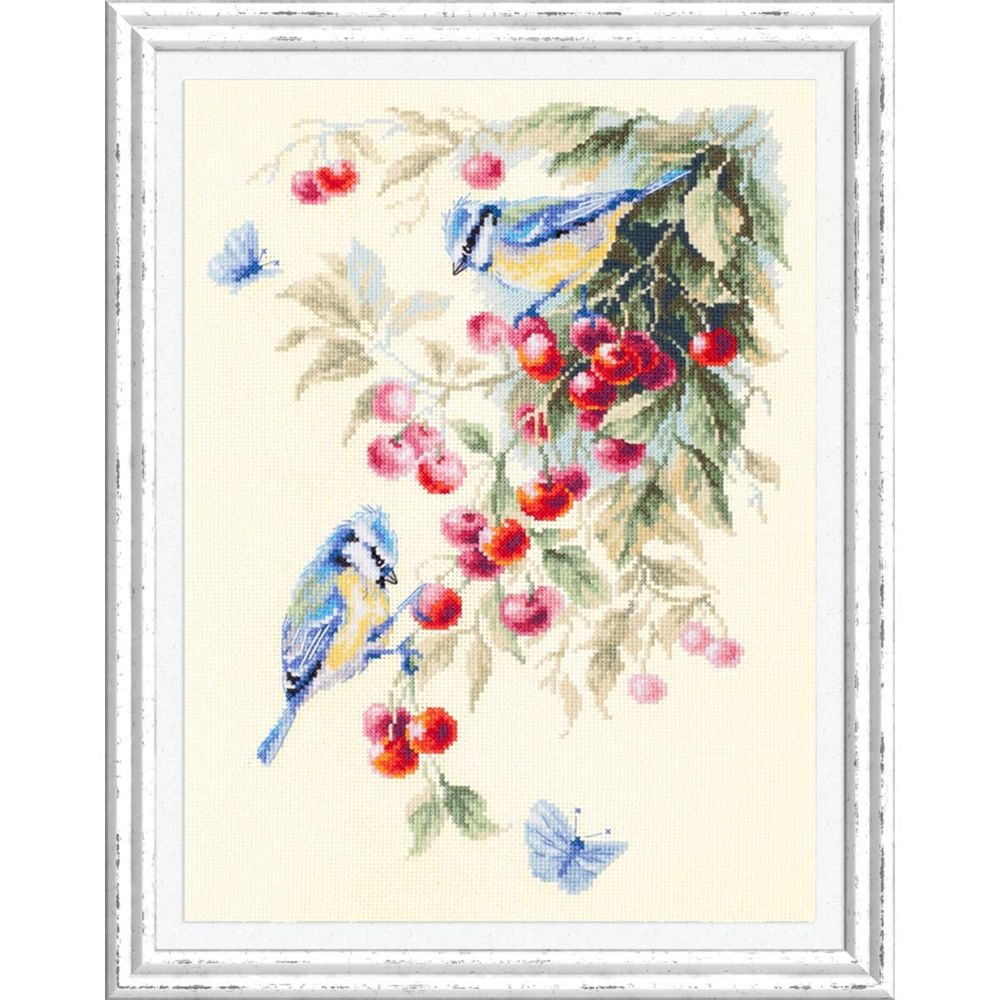 Набор для вышивания нитками Чудесная игла, Синицы и вишня 25х35см