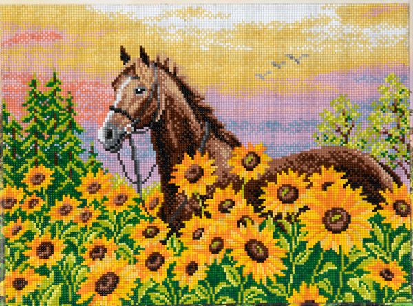 Алмазная (кристальная) мозаика Фрея ALPD-112, на подрамнике Лошадь в подсолнухах, 40х30 см