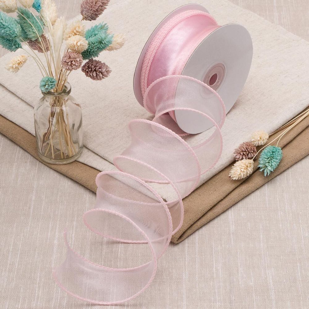 Лента декоративная с волнистым краем 38.0 мм / 18.29±1 метров, 100% органза, (нежно-розовый)