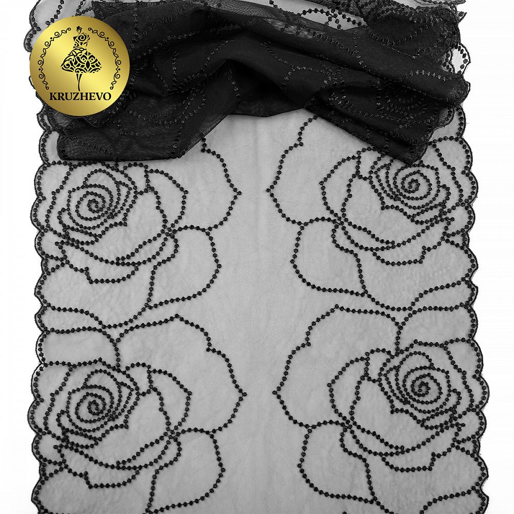 Кружево на сетке (вышитое) 325 мм, OG45 цв.черный уп.2.8м, Kruzhevo