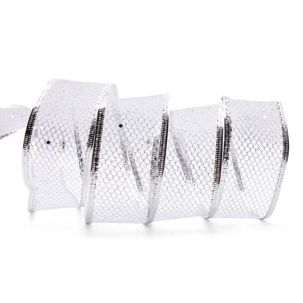 Лента упаковочная (сетка с глиттером) серебро 5см, 10м, QR-014