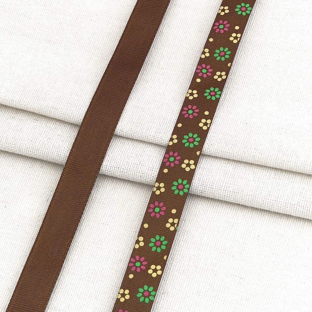 Лента репсовая (в рубчик) с принтом 15.0 мм / 45.72 метра, Цветочки мелкие 2, 15147 коричневый