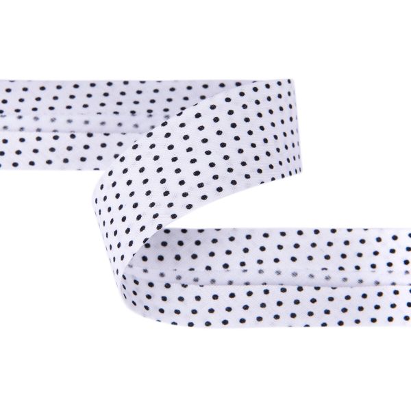 Косая бейка хлопковая 20 мм / 5 шт по 5.4 метра, №001P/113 белый/черный горох, Gamma GBF-20