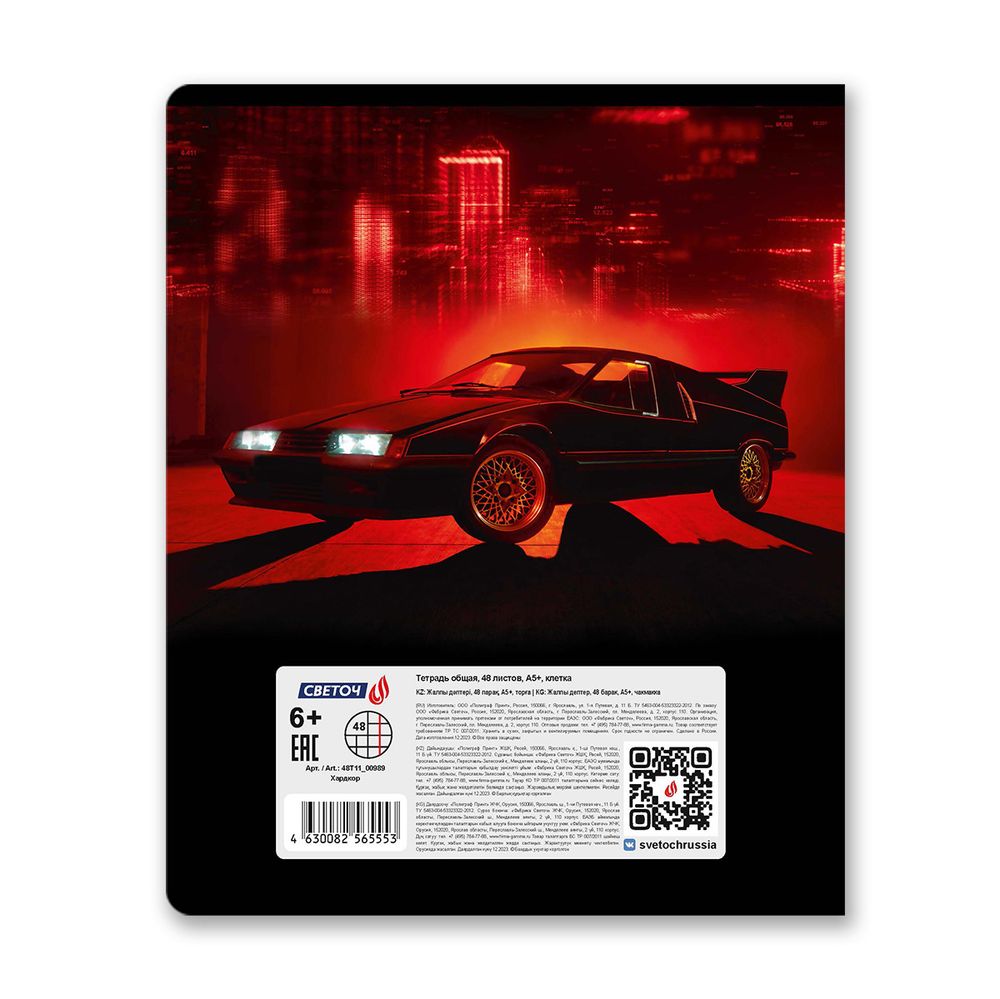Тетрадь ученическая общая, глянцевая ламинация, A5+ 48 л. на скобе 65 г/м², белизна 100 %, 10 шт, клетка, 00989 Хардкор, Светоч 48Т11