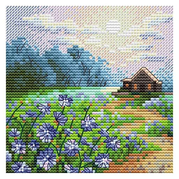 Набор для вышивания нитками, МП Студия, М-1234 Пейзаж с цикорием 11х11см
