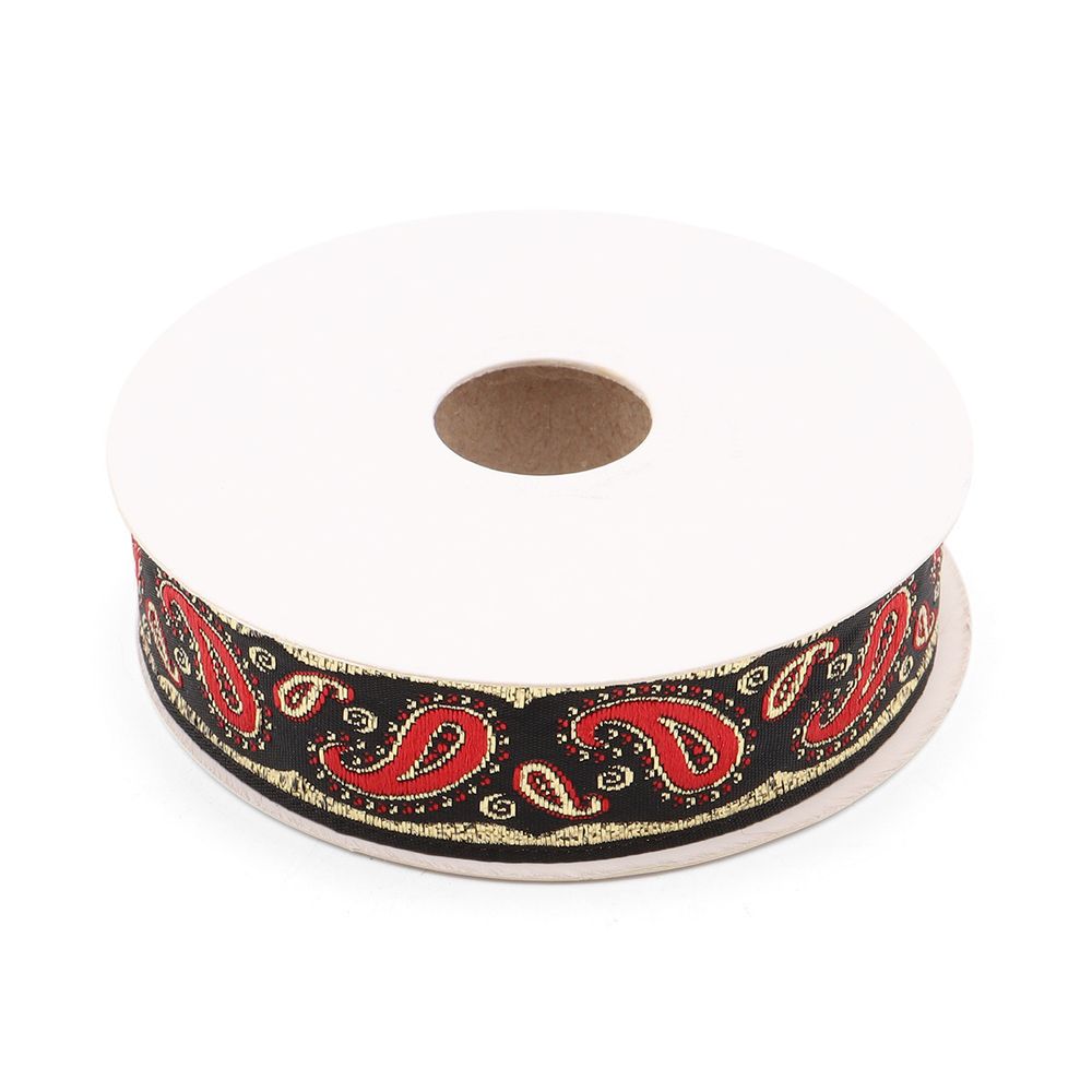 Лента (тесьма) жаккардовая 22.0 мм / 10±0.5 метров, Пейсли, 22807 черный/красный/золото