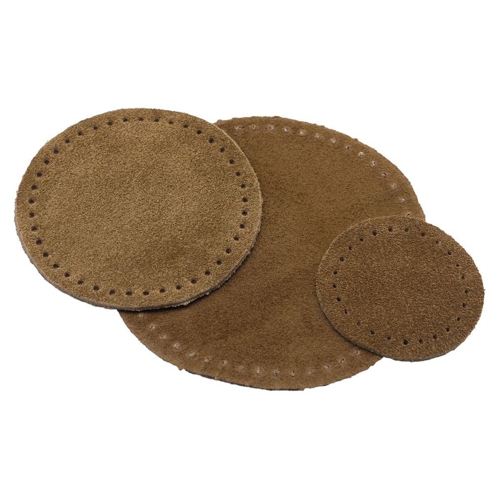 Набор заплаток пришивных из замши, круг ⌀4см, 6см и 8см, с перфорацией, 3 шт, 100% кожа (32 кэмел), 59401