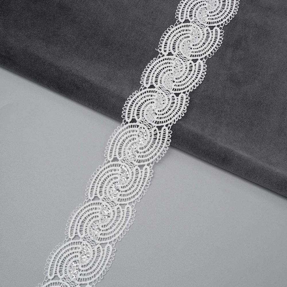 Кружево гипюр (плетёное) 40 мм, / 13.71 метра, с пайетками, белый