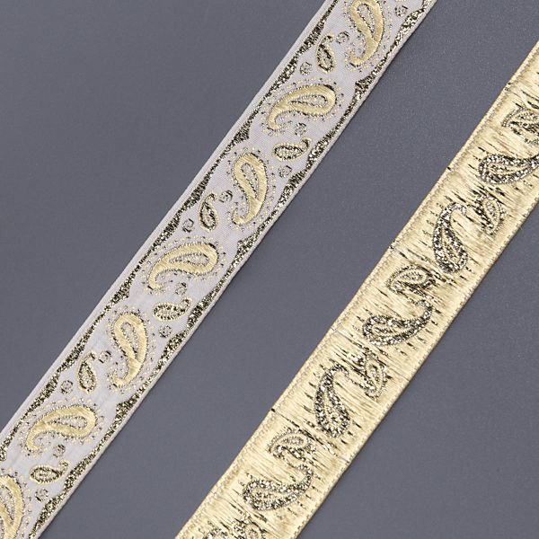Лента (тесьма) жаккардовая 22.0 мм / 10±0.5 метров, Пейсли, 22807 белый/золото