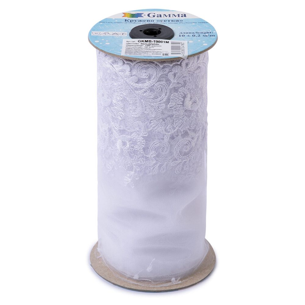 Кружево на сетке широкое 190 мм / 10 м, белый, Gamma GKMB-19001M