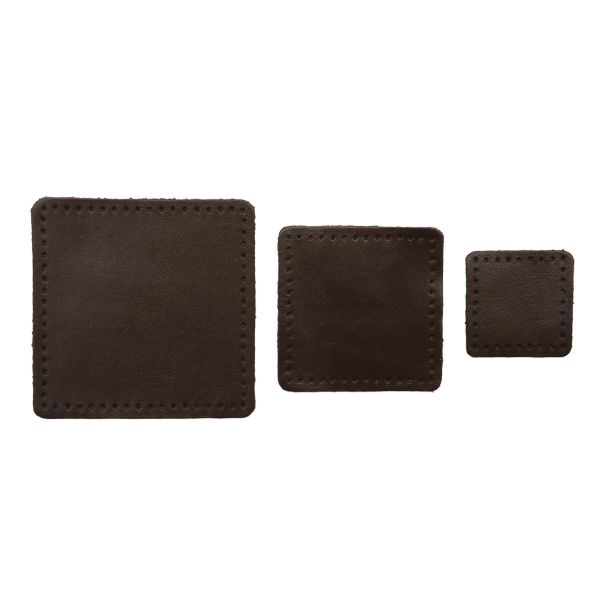 Набор заплаток пришивных из кожи, квадрат 4см, 6см и 8см, с перфорацией, 3 шт, 100% кожа (03 темно-коричневый), 9402