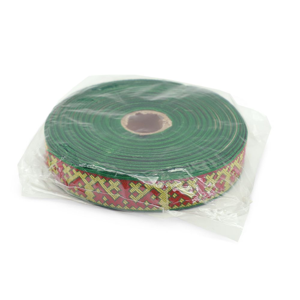 Лента (тесьма) жаккардовая 24.0 мм / 25±1 метров, Орнаменты и узоры народов севера, рис. 9685 (5 зеленый/желтый/красный) С3772Г17