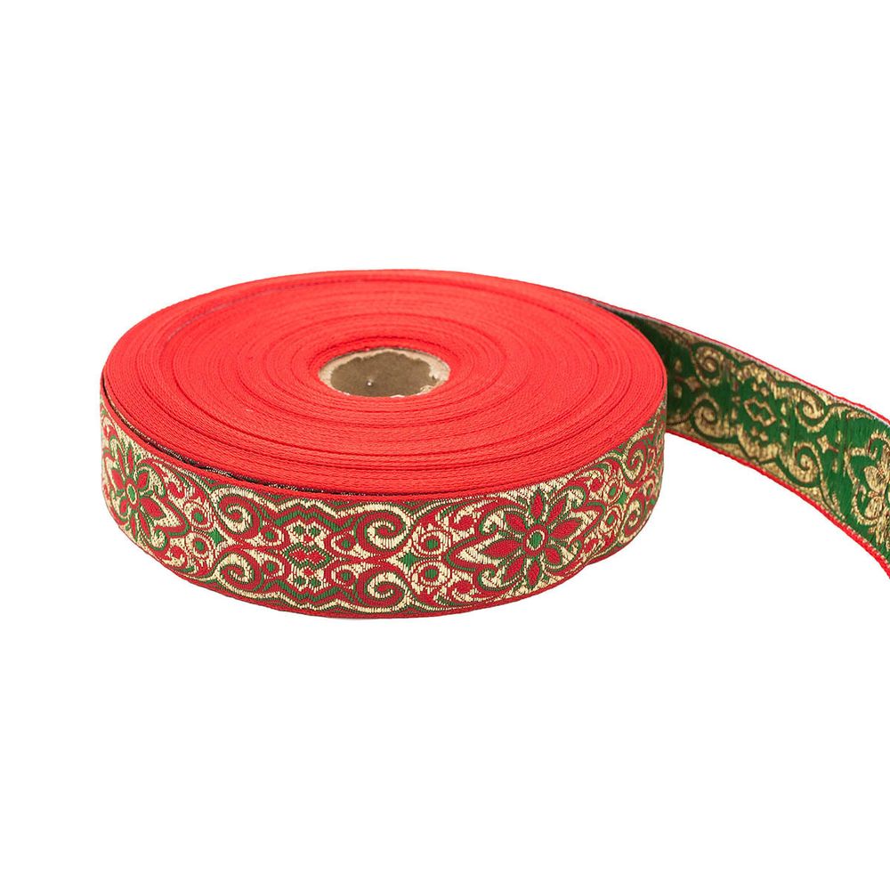 Лента (тесьма) жаккардовая 32.0 мм / 25±1 метров, с метанитом рис. 9171 (10 красный/зеленый/золото) С3104Г17