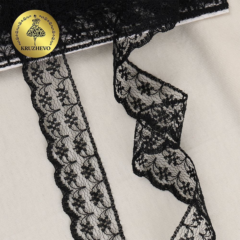 Кружево отделочное в стиле "трикотаж" 15 мм диз. T-012 цв.черный уп.9м