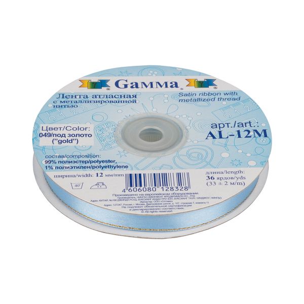 Лента атласная 2-сторонняя с метанитью 12.0 мм / 33±2 метра, №049 голубой/золото, Gamma AL-12M