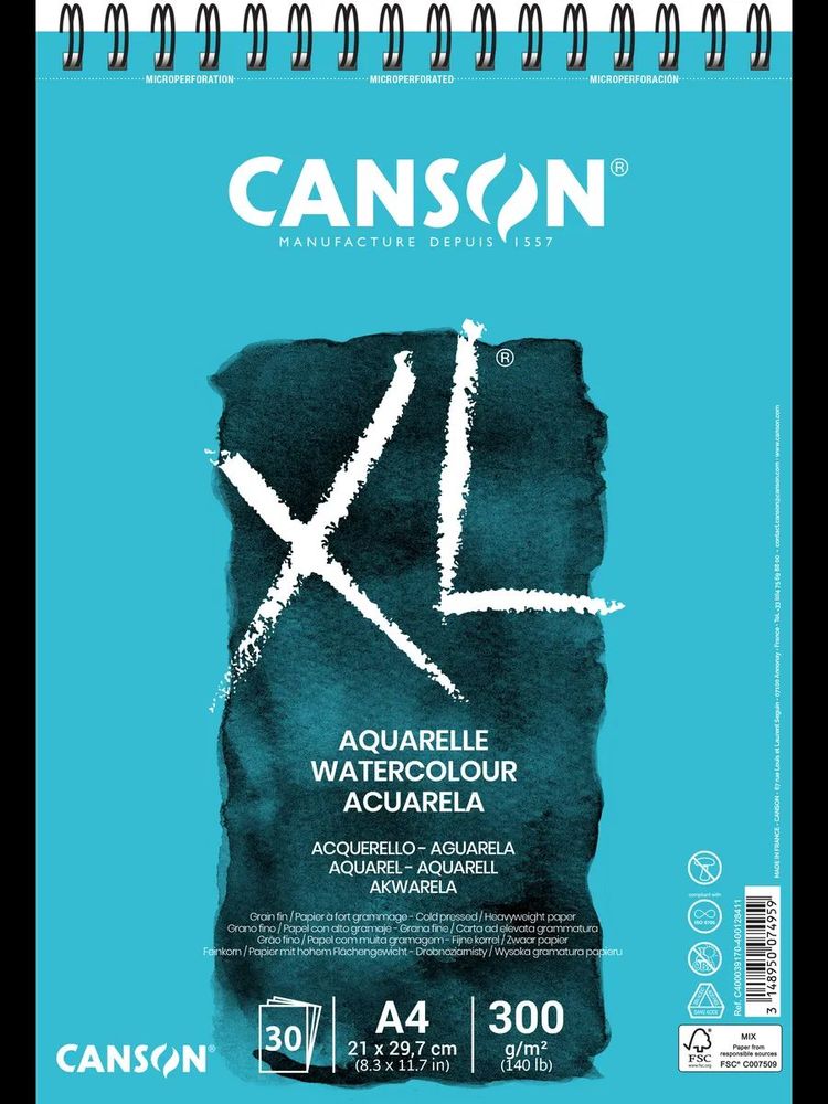 Альбом для акварели XL Aquarelle 300 г/м², A4 21х42 см, на спирали 30 л., Canson, C400039170