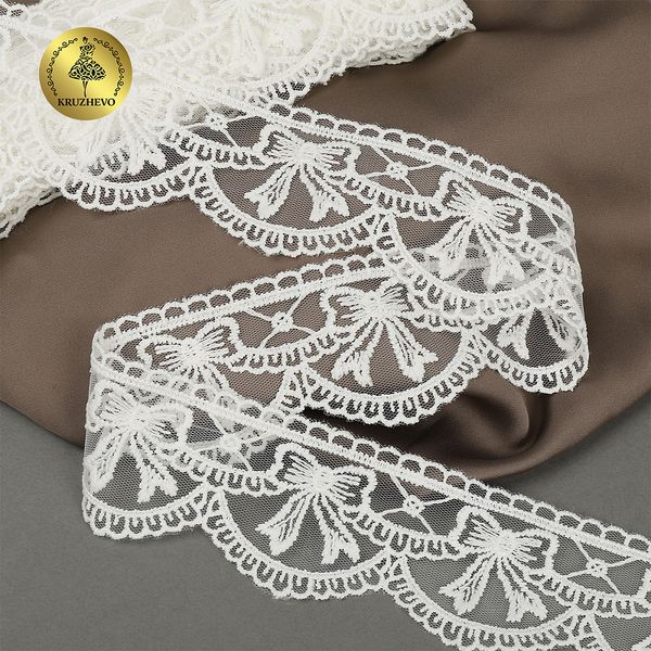 Кружево на сетке матовая нить с бантиками 60 мм, цв.02 молочный, уп.10м, Kruzhevo