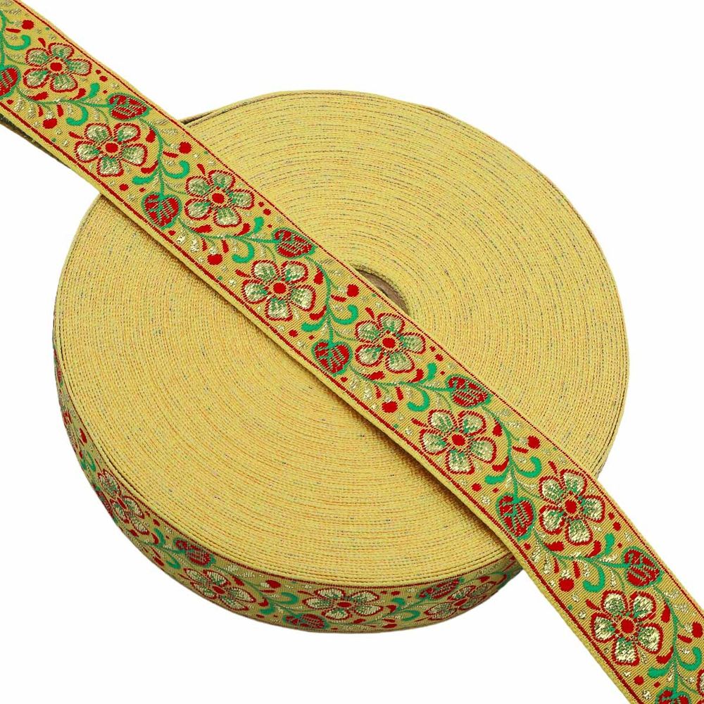 Лента (тесьма) жаккардовая 32.0 мм / 25±1 метров, с метанитом рис. 9565 Яблоневый цвет (2 желтый) С3104Г17