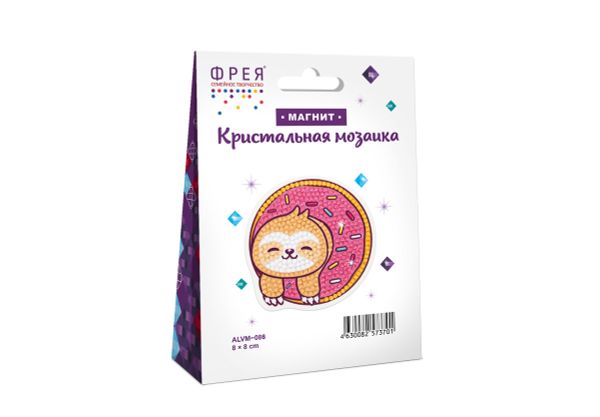 Алмазная (кристальная) мозаика Фрея ALVM-086, магнит Ленивец в пончике, 8х8 см