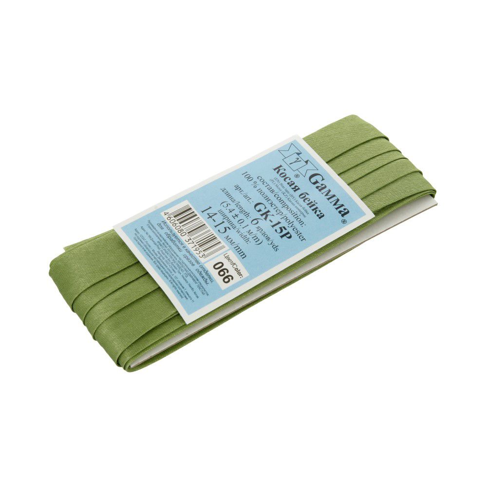 Косая бейка атласная 15 мм / 5 шт по 5.4 метра, №066 болотный, Gamma GK-15P