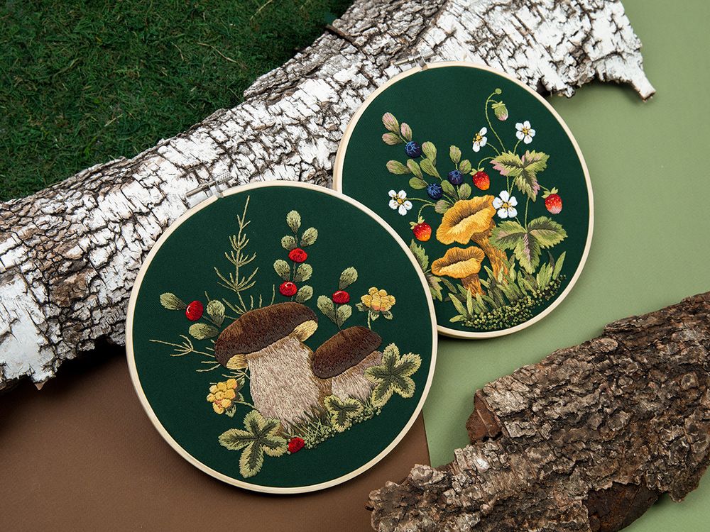 Набор для вышивания нитками Panna, Живая картина Грибы. Белые, 20.5х20.5 см