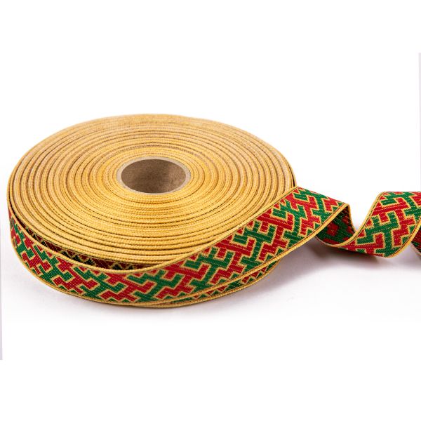 Лента (тесьма) жаккардовая 24.0 мм / 25±1 метров, рис.9615, Орнаменты и узоры народов севера, желтый-красный-зеленый, Gamma С3772Г17 рис.9615