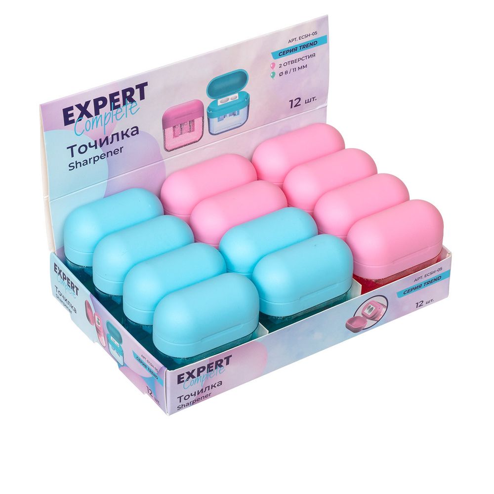 Точилка пластиковая с контейнером, 2 отверстия 12 шт, в ассортименте, Expert Complete ECSH-05