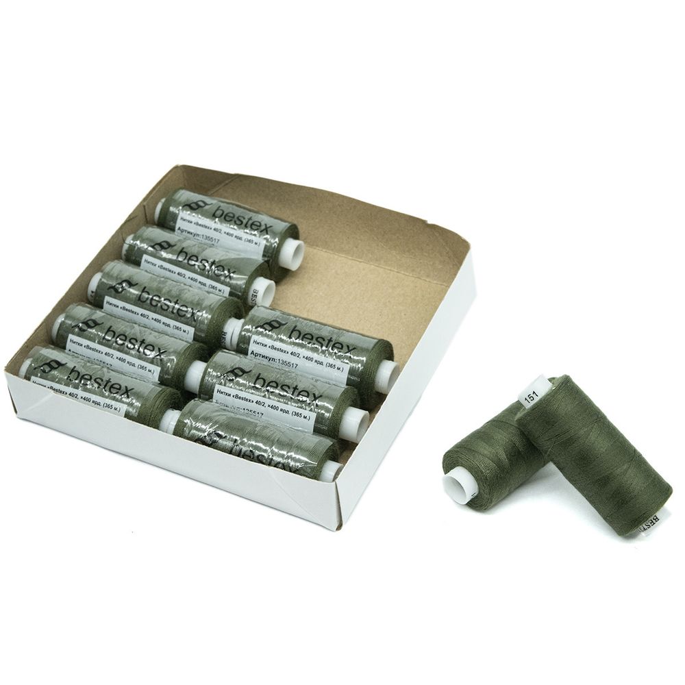 Нитки швейные бытовые Bestex 40/2, 365 м (400 ярд) / 10 кат., 151 темно-зеленый хаки