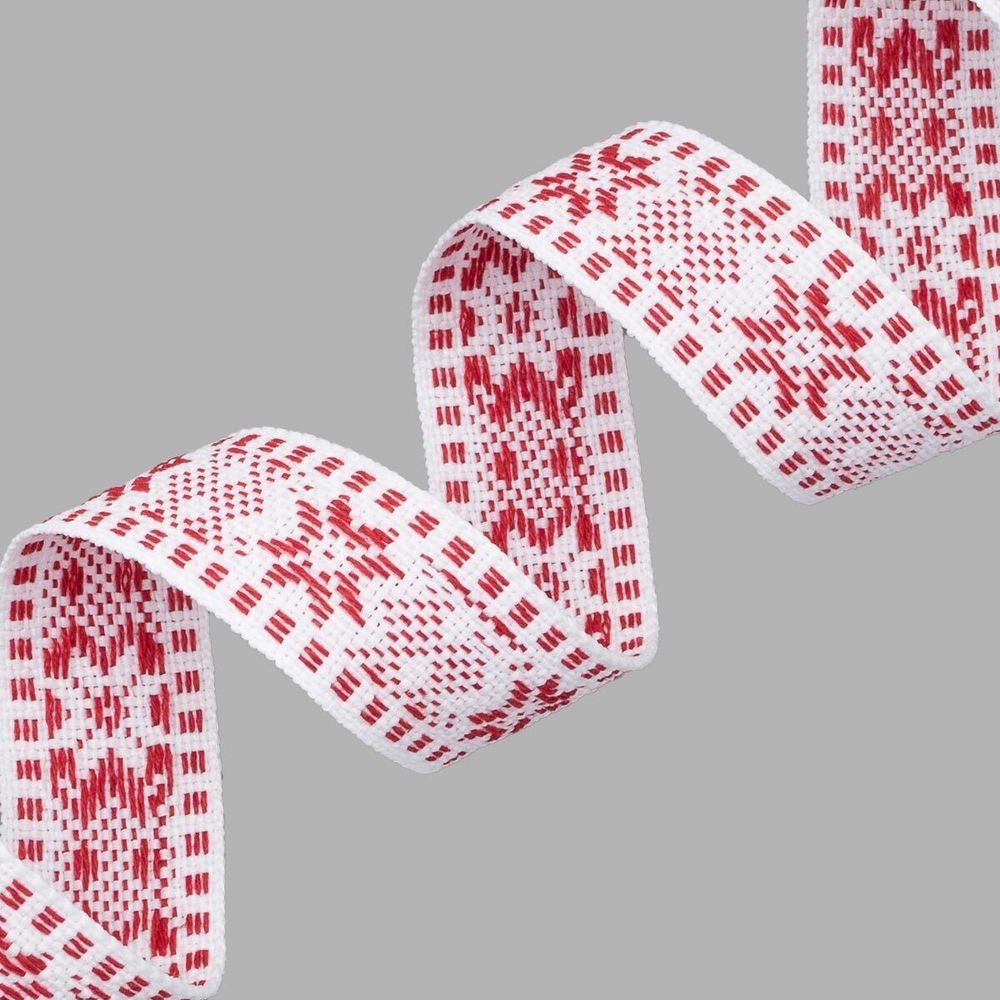 Лента (тесьма) жаккардовая 25.0 мм / 25±1 метров, х/б рис. 9875, белый/красный, С3885Г17