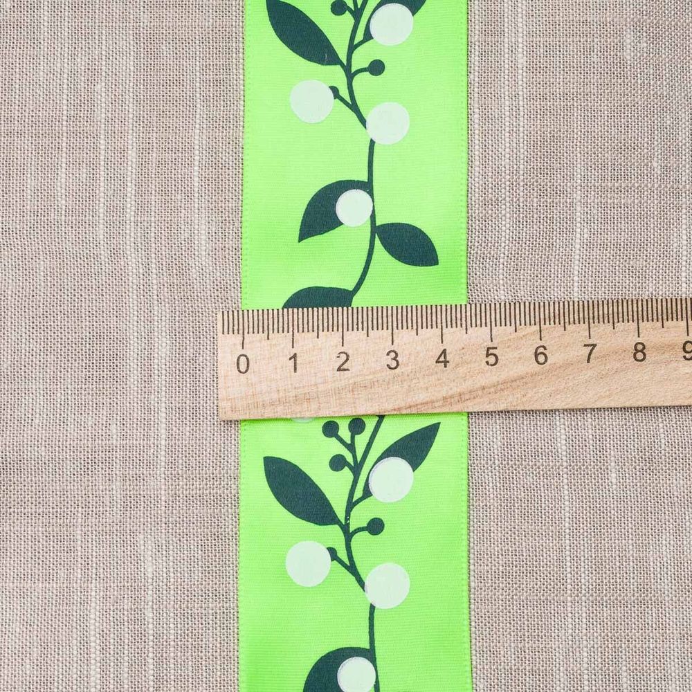 Лента атласная с рисунком 45.0 мм / 22.5±1 метров, Ягодная ветвь, зеленый, Globus