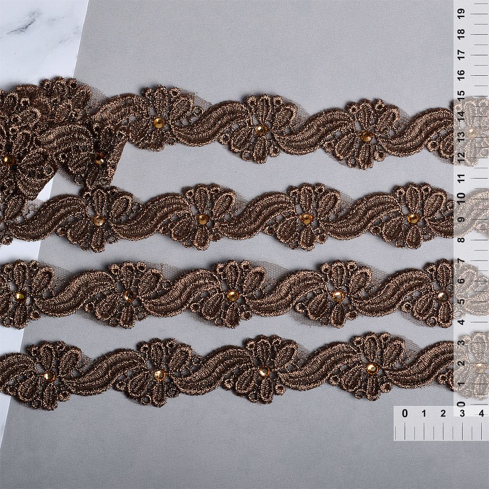 Кружево на сетке со стразами 35 мм, диз. 216, цв.1 коричневый уп. 27,4 м, Kruzhevo