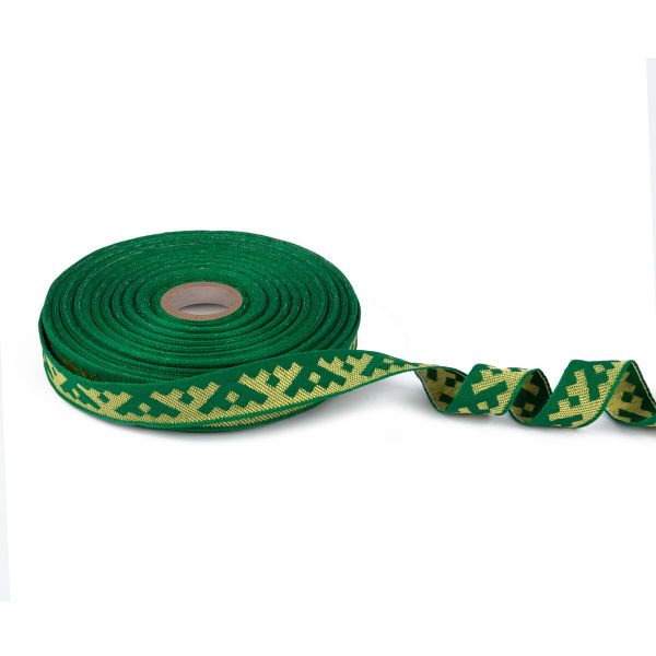 Лента (тесьма) жаккардовая 18.0 мм / 25±1 метров, Орнамент для северных народов, рис 6753 зеленый-желтый, Gamma С3771