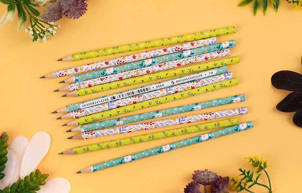 Карандаш чернографитный круглый заточенный ТМ (HB) 12 шт, 3060 Полевые цветы, ВКФ PR-12Д
