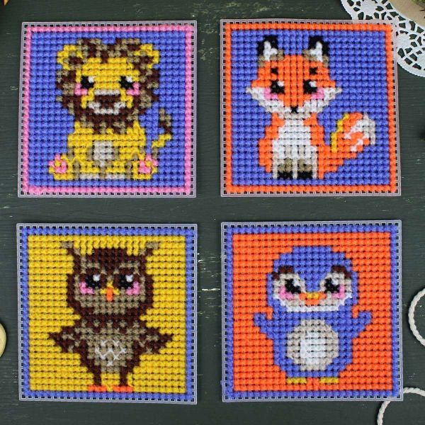 Набор для вышивания нитками МП Студия, на пластиковой канве Милые животные 10,6х10,6см - 4 шт