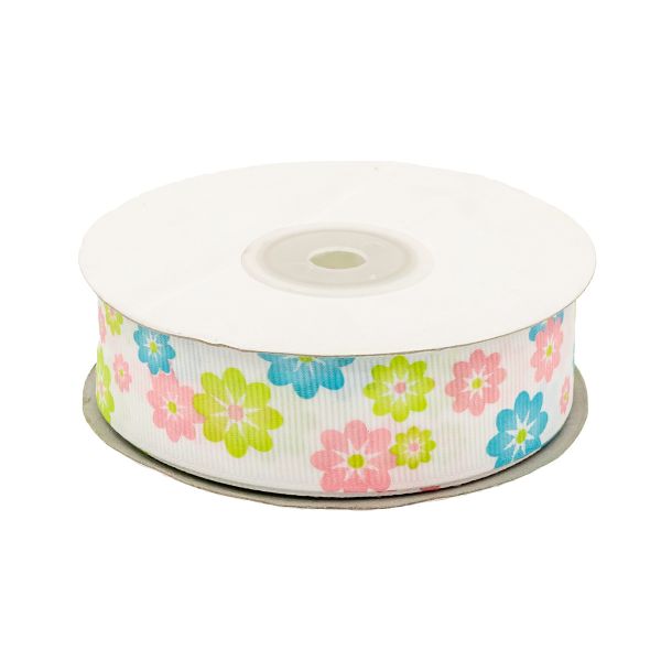 Лента репсовая (в рубчик) Цветочки 2 25.0 мм, 22.86 м (розовый/салатовый)