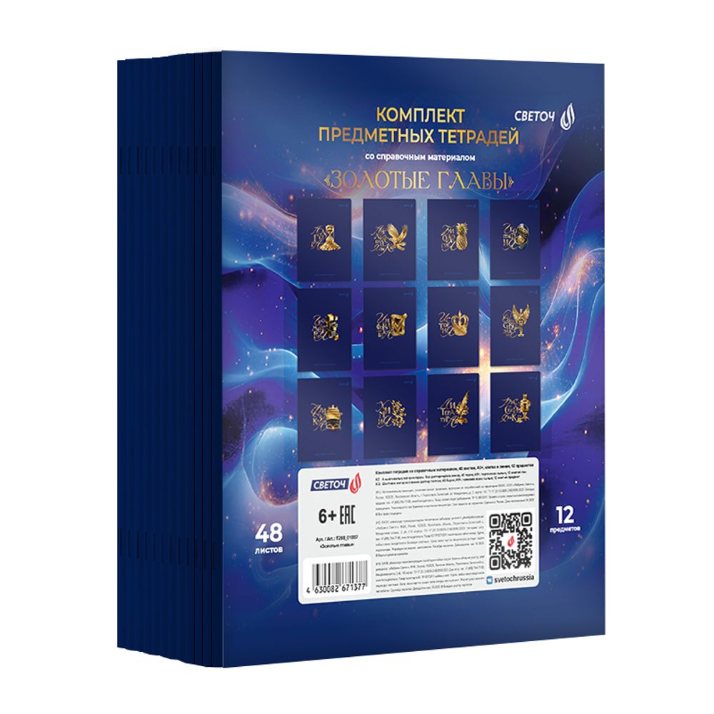 Комплект тетрадей со справочными материалами Золотые главы, тисн.золот.фольгой, A5 48 л. 12 шт на скобе 65 г/м², белизна 100% 1 шт, клетка/линия, 01887 12 предметов, Светоч Т298