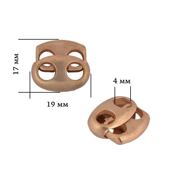 Фиксатор (зажим) для шнура металл 2 отв., 17х19 мм, (in ⌀4 мм), OR.0305-5353, цв. мат.золото, уп. 100 шт